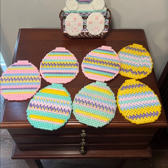 Vintage Handmade Crochet Knit Easter Bunny Coaster Set Cute Kitsch Granny Square - Picture 4 of 15